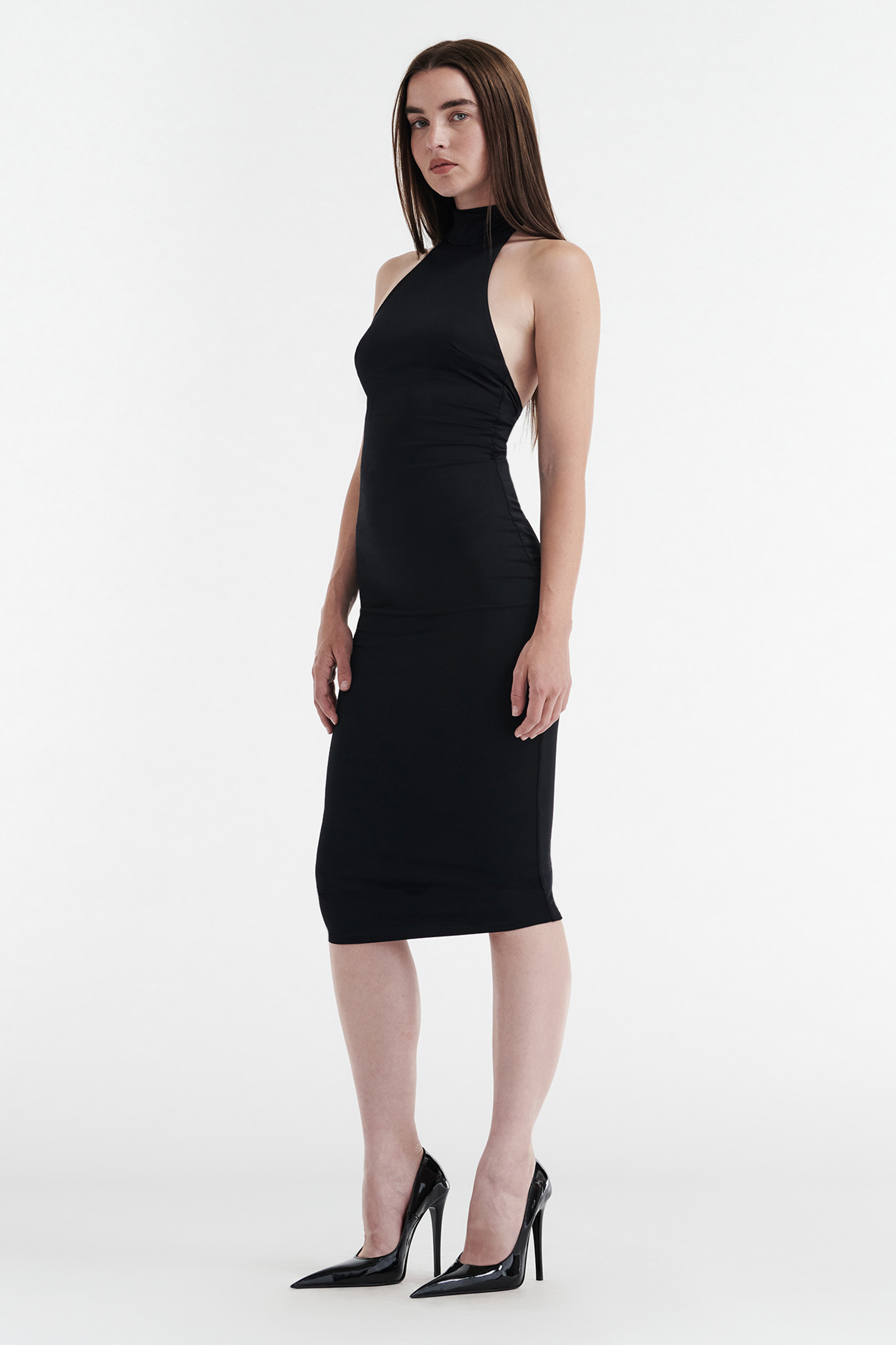 CLEO HALTER TIE MIDI DRESS - BLACK