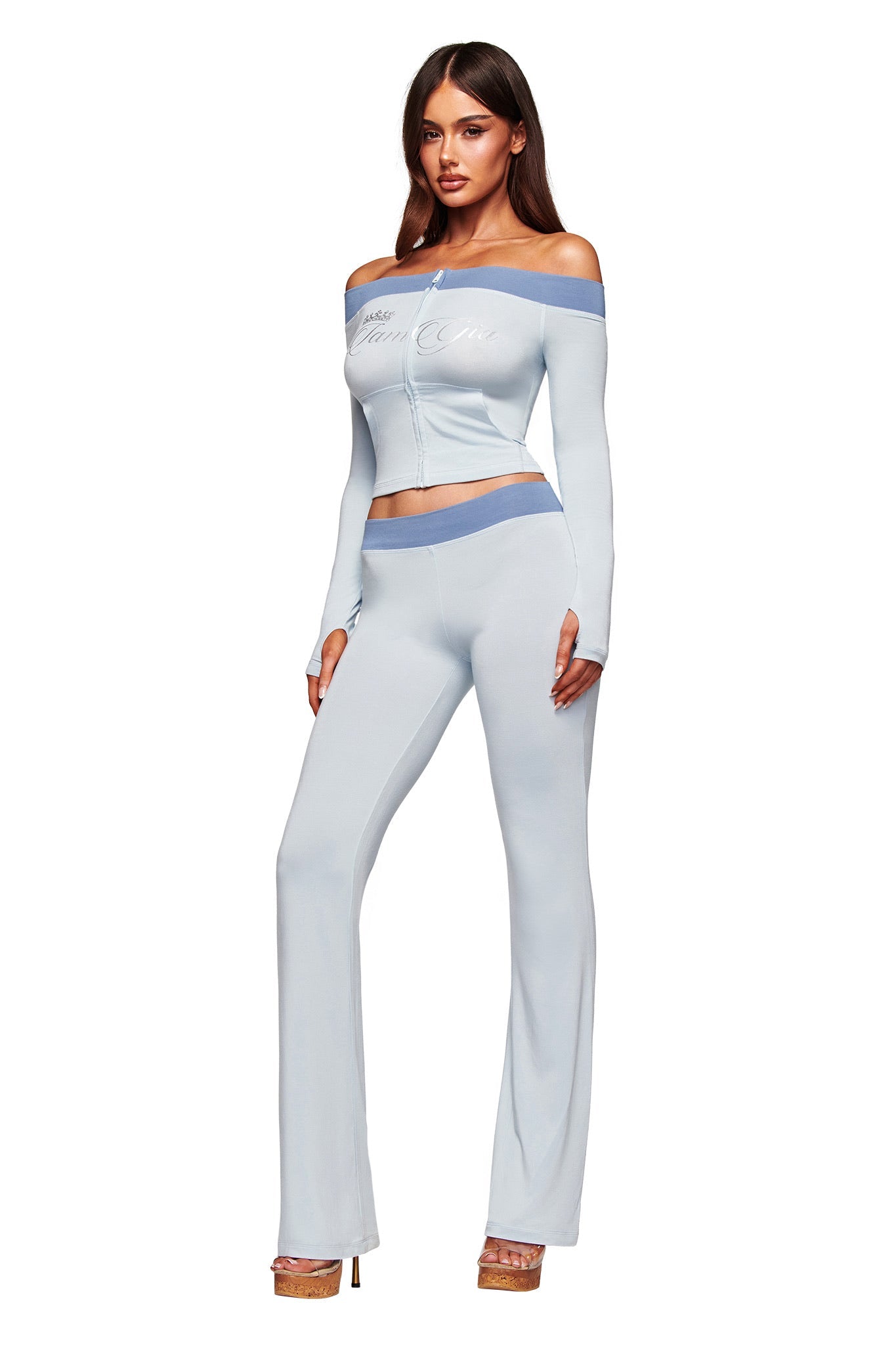 BLARE OFF SHOULDER TOP - TWO TONE POWDER BLUE